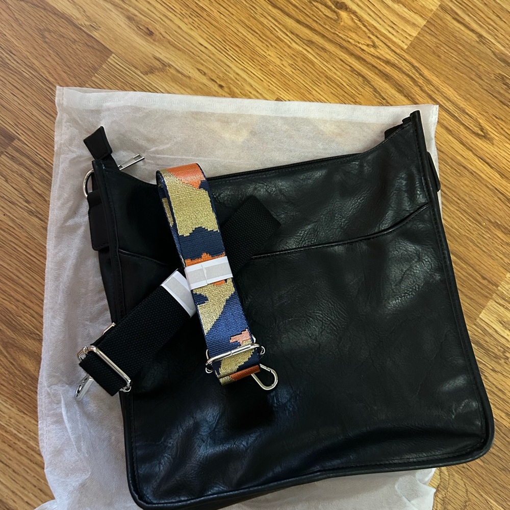 NWOT Elegant Black Vegan Leather Bag with Multiple Straps